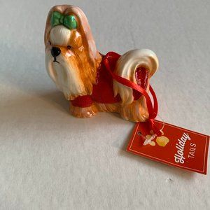 Ceramic Shih Tzu Dog Wearing Red Coat Christmas Ornament NEW